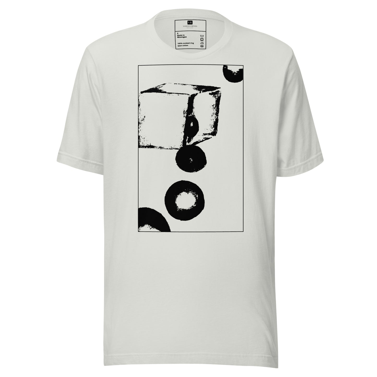 Gray cotton graphic t-shirt with black abstract cube and spheres artwork in a thin black square on front