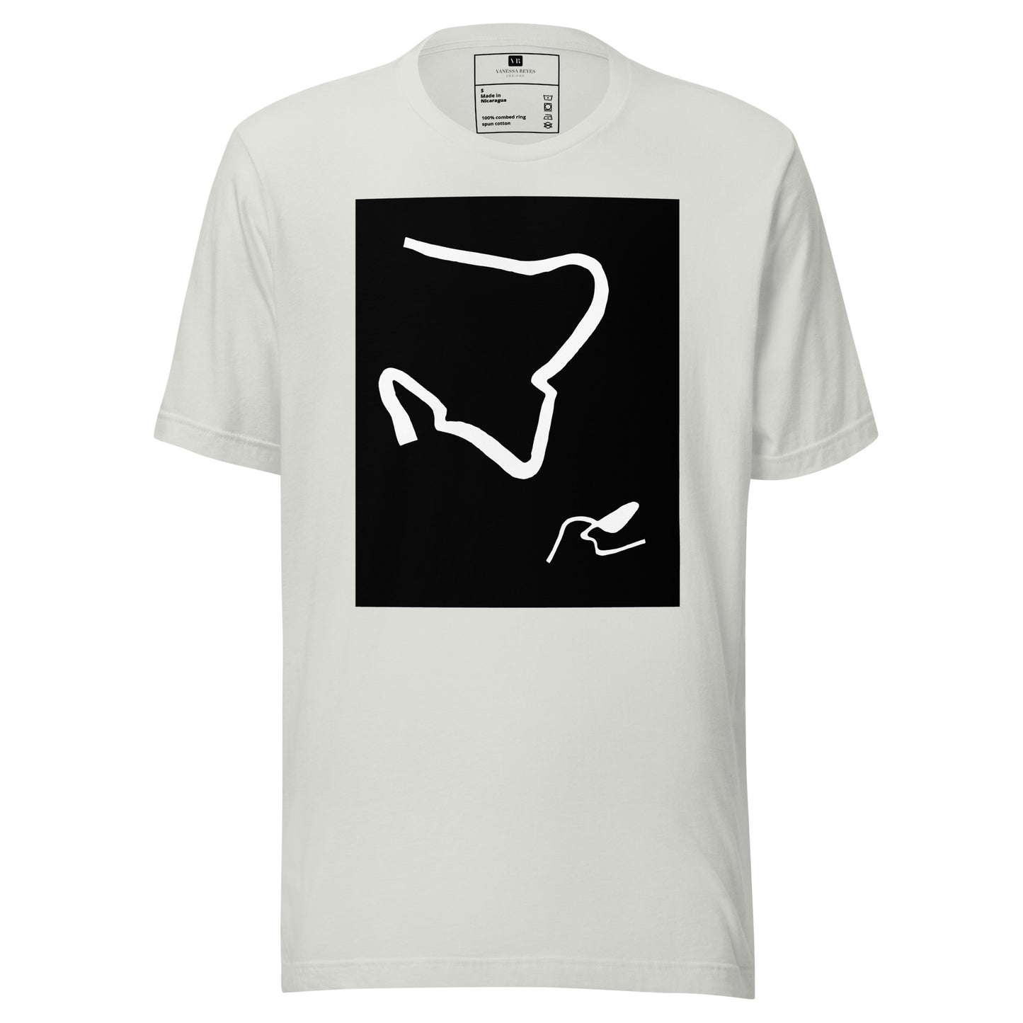 Gray cotton graphic t-shirt with black and white abstract artwork of lines resembling a paperclip on front