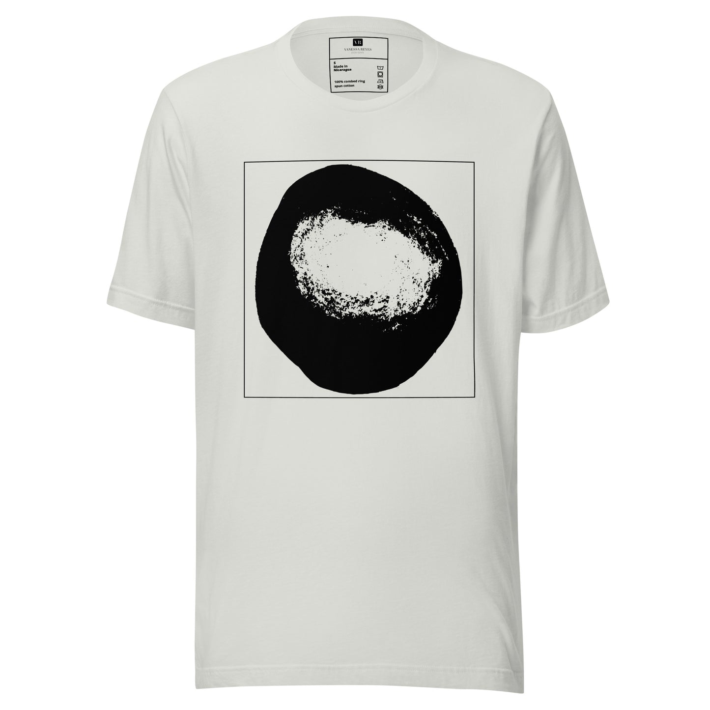 Gray cotton graphic t-shirt with black abstract dome artwork in a thin black square on front