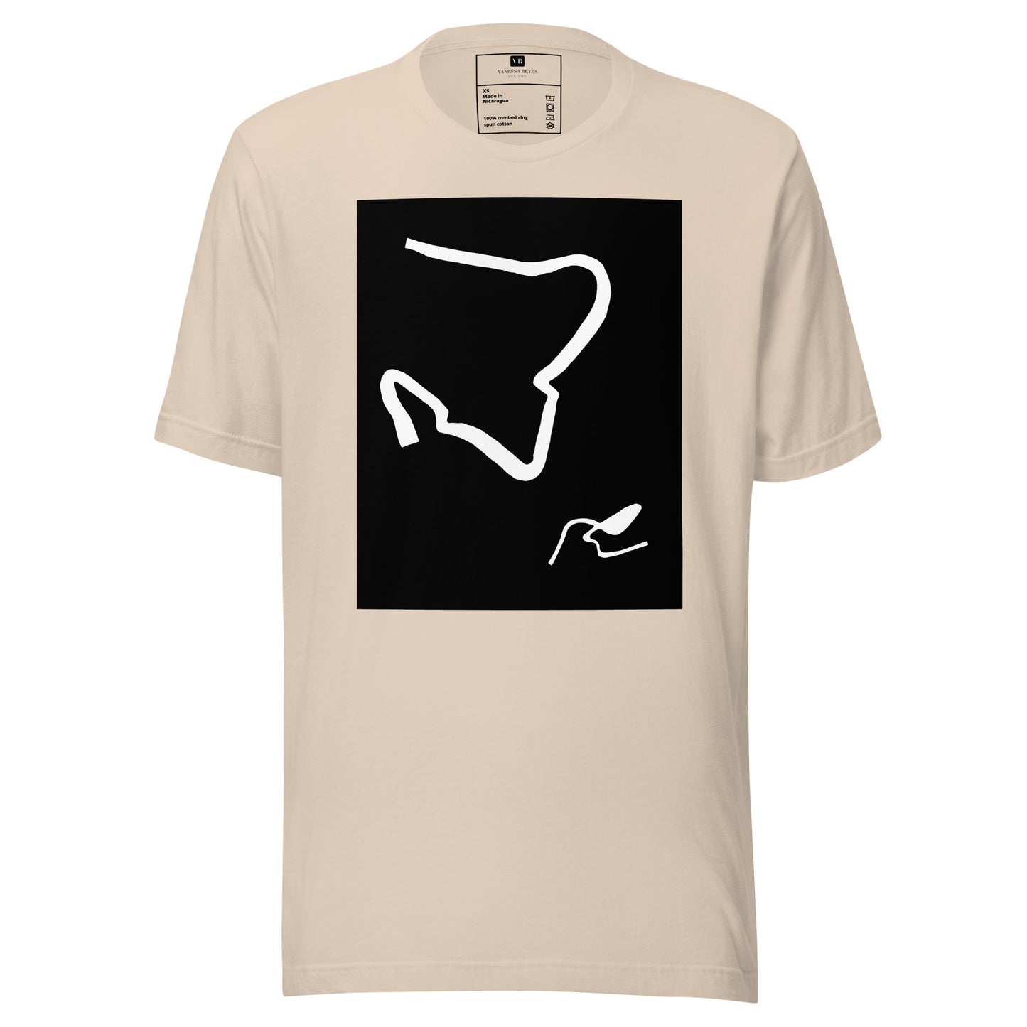 Soft cream cotton graphic t-shirt with black and white abstract artwork of lines resembling a paperclip on front