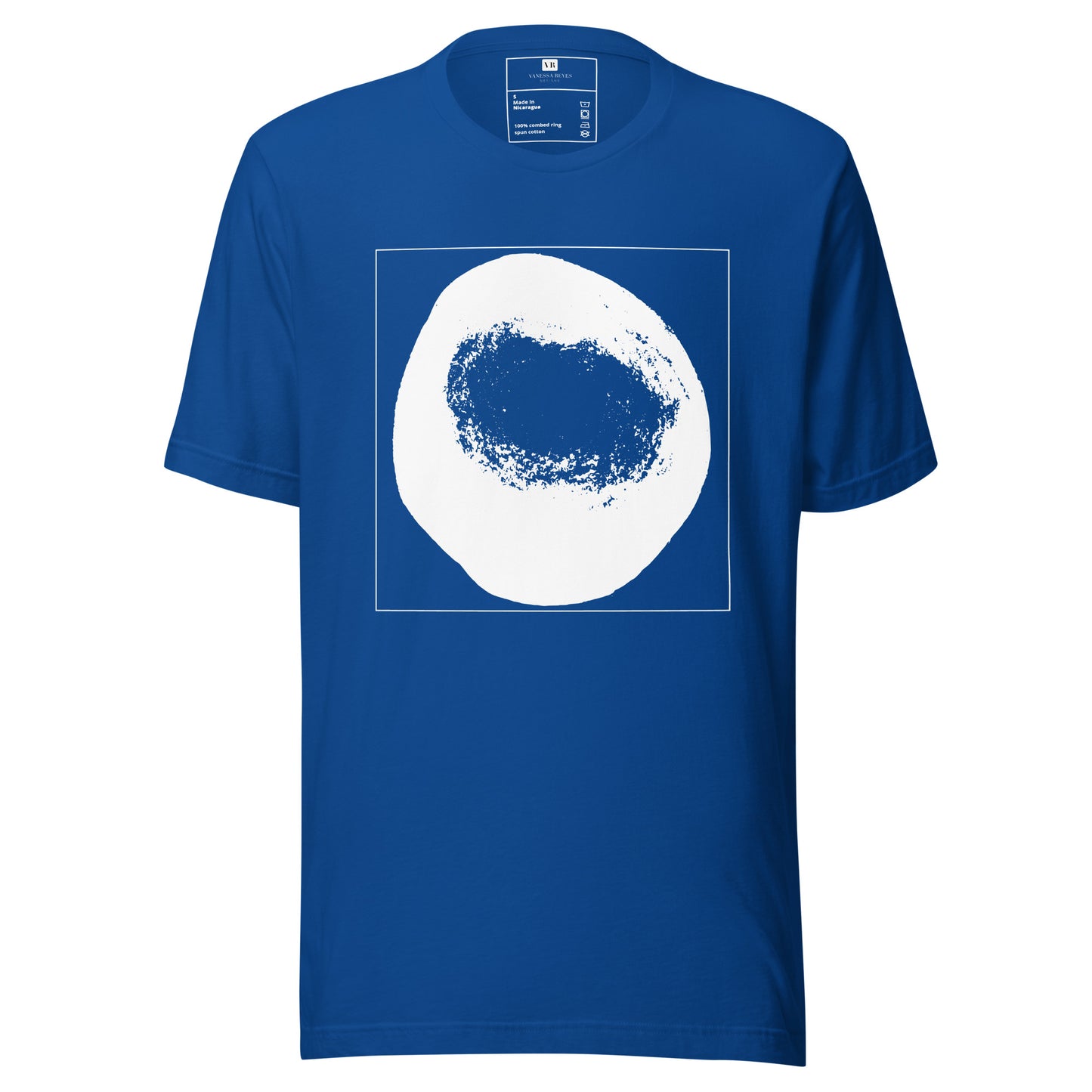 Blue cotton graphic t-shirt with white abstract dome artwork in a thin white square on front