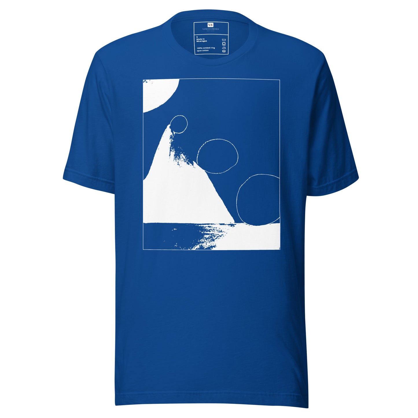 Blue cotton graphic t-shirt with white abstract pyramid artwork in a thin white square on front