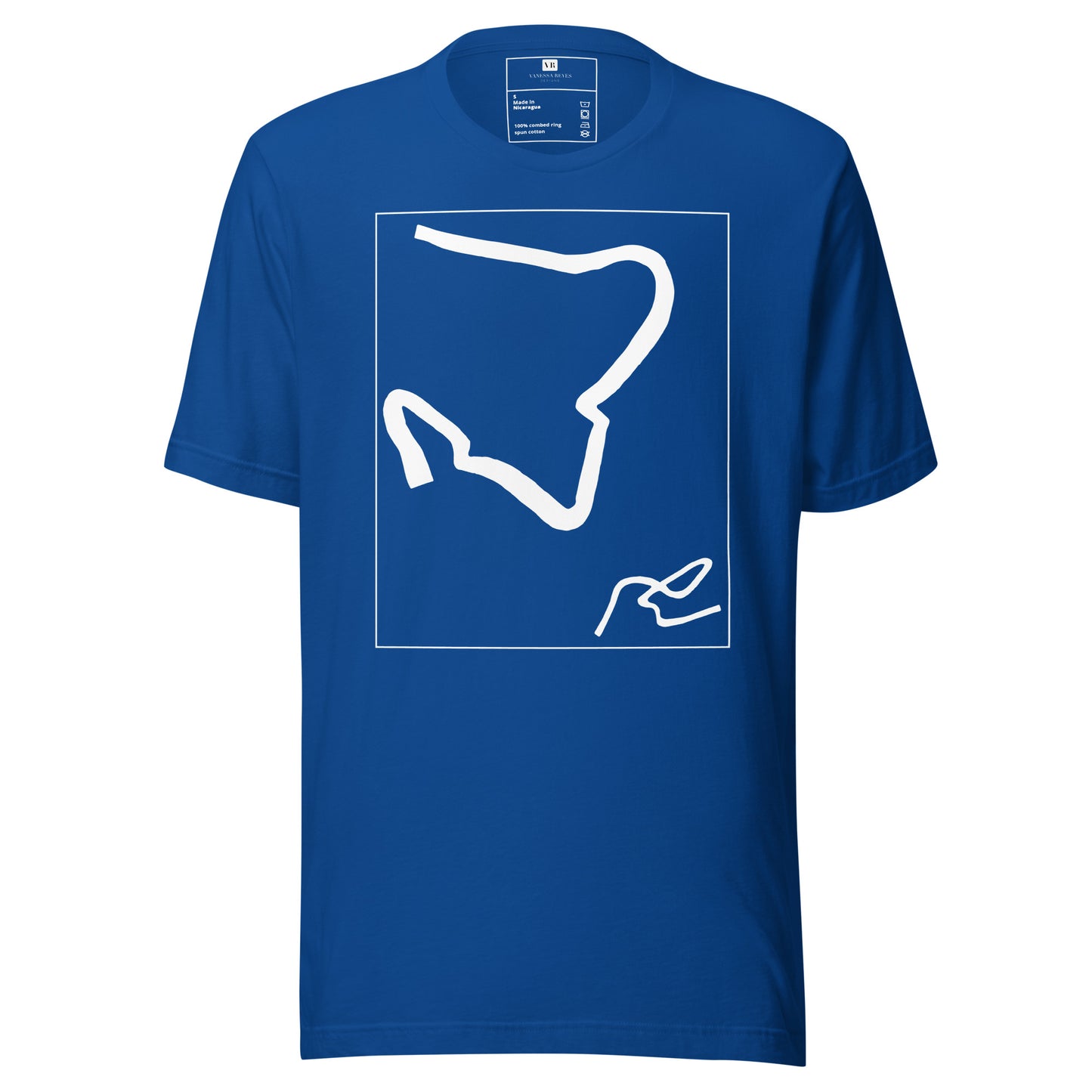 Blue graphic t-shirt with white abstract artwork of lines resembling a paperclip on front