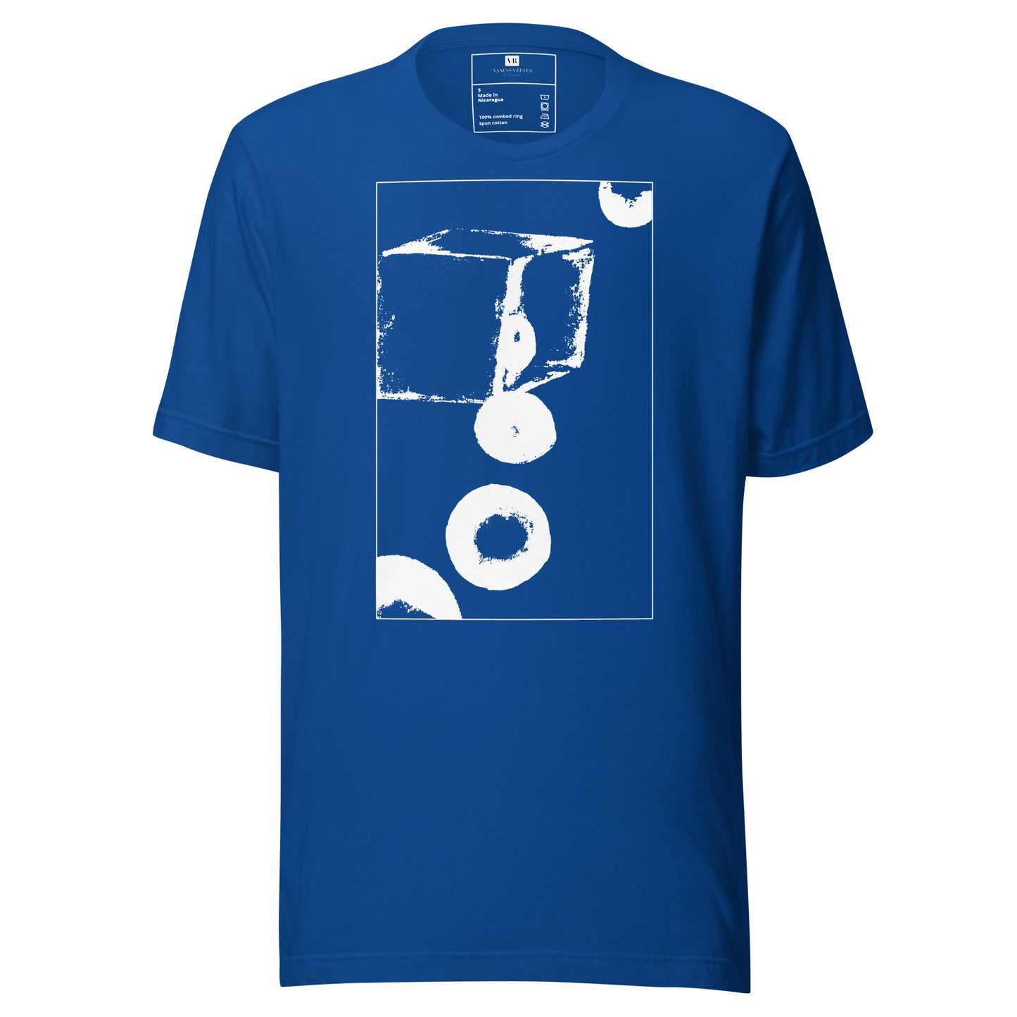 Blue cotton graphic t-shirt with white abstract cube and spheres artwork in a thin white square on front