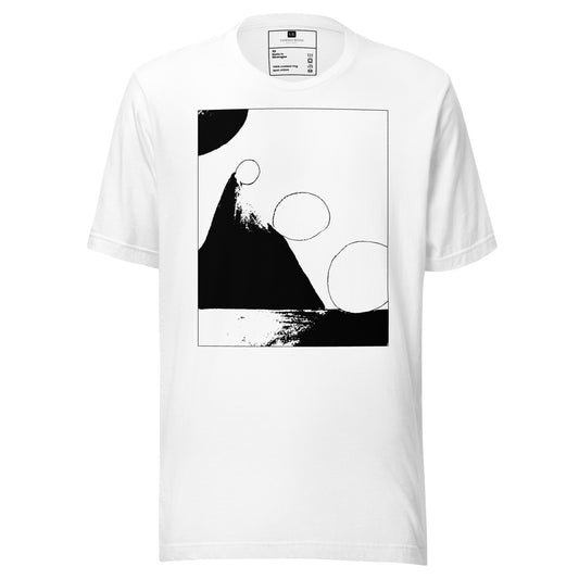 White cotton graphic t-shirt with black abstract pyramid artwork in a thin black square on front