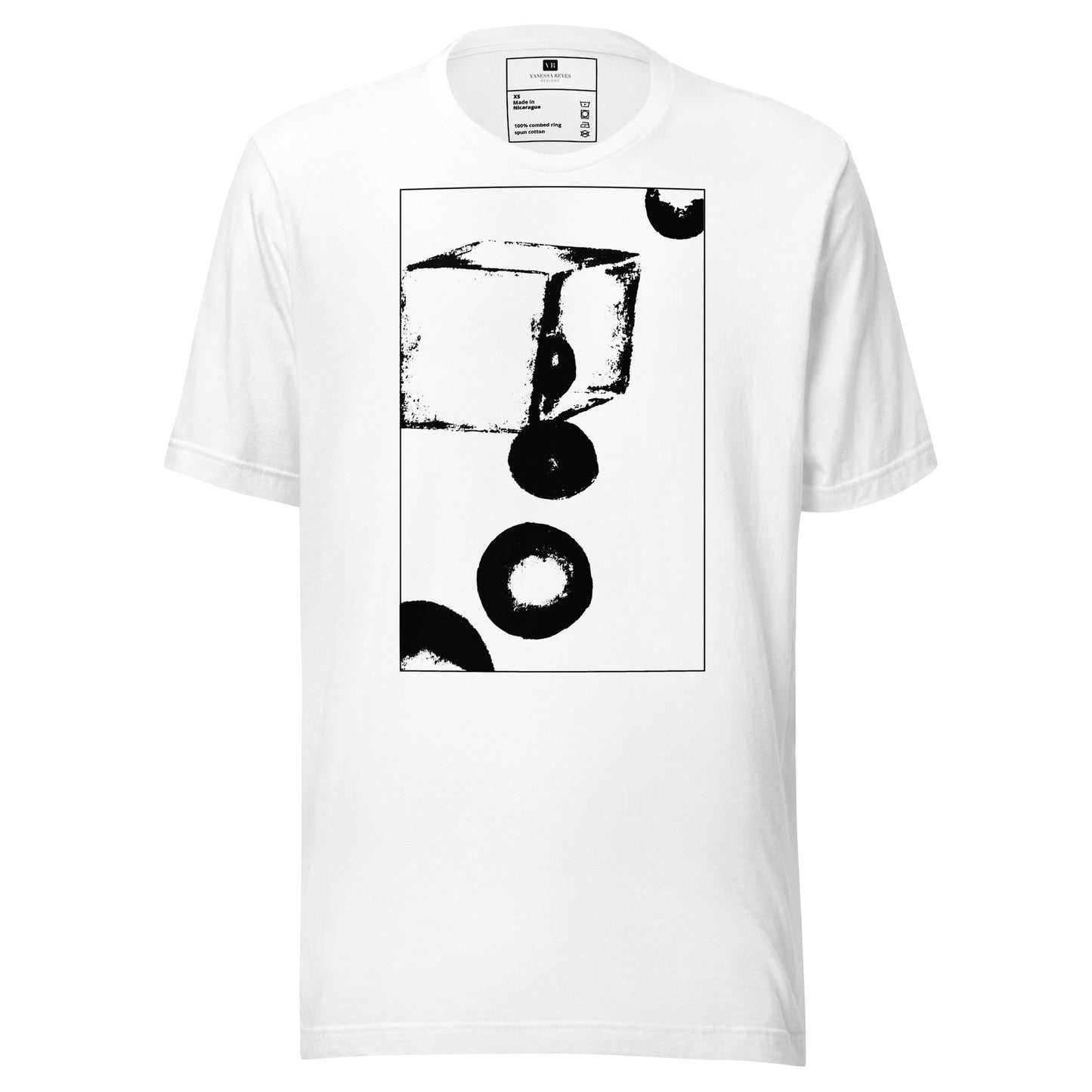 White cotton graphic t-shirt with black abstract cube and spheres artwork in a thin black square on front