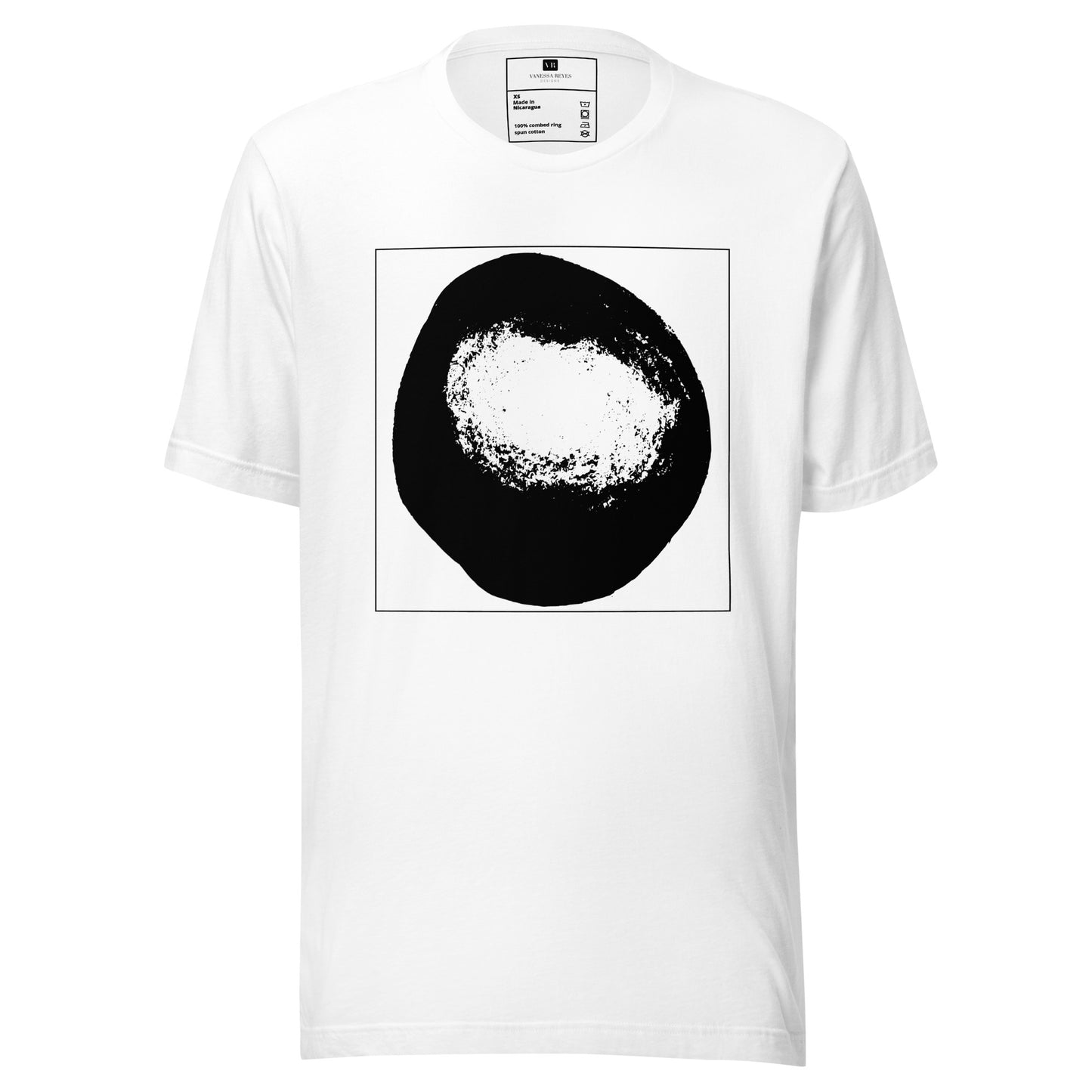 White cotton graphic t-shirt with black abstract dome artwork in a thin black square on front